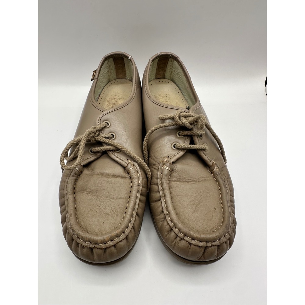 SAS Womens Beige Leather Lace Up Moc Toe Comfort Wedge Loafers Shoes
